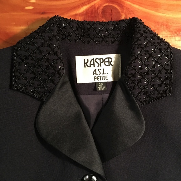 SOLD—Vintage 1990's Kasper Navy Bead Embellished Jeweled Skirt Suit, Size 2P - Picture 6 of 16